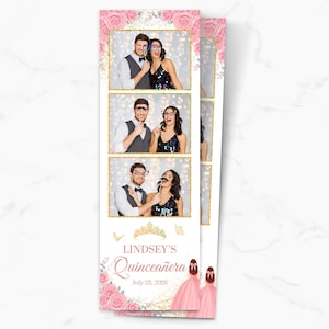 Quinceanera Photobooth Template | Pink Floral & Gold Glitter | 2x6 Photo Booth Overlay | PNG, PSD Instant Download
