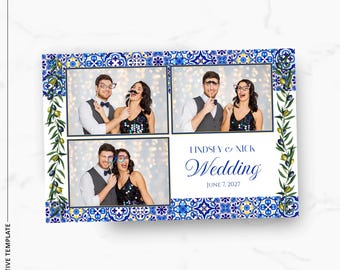 Plantilla para fotomatón de boda mediterránea, superposición de fotomatón de azulejo azul mayólica con rama de olivo de 4x6, descarga instantánea en formato PNG y PSD.