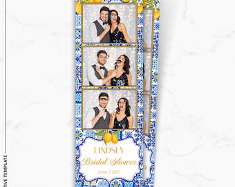 Plantilla de fotomatón de la Costa Amalfitana, superposición de fotomatón para despedida de soltera con temática de limones, plantilla de azulejo azul mayólica mediterráneo de 2x6, boda de verano