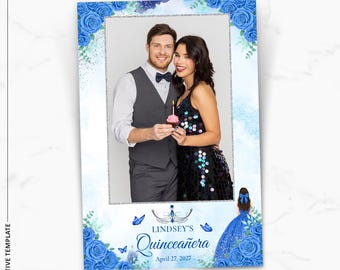 Plantilla para fotomatón de quinceañera / Rosas azules / 15.º cumpleaños / Superposición de fotomatón vertical de 4 x 6 / PNG, PSD Descarga instantánea