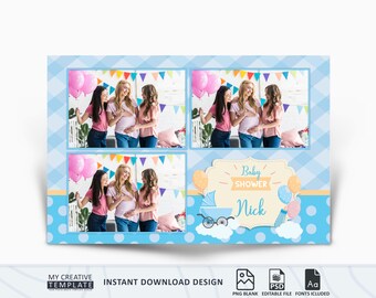 May include: A blue and white photo booth backdrop with a polka dot pattern and a chevron pattern. The backdrop has four photo frames with images of three women at a baby shower. The text "Baby Shower Nick" is in a white banner with a blue border.