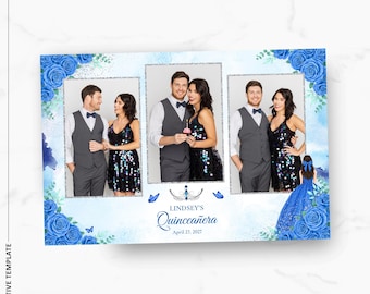 Plantilla para fotomatón de quinceañera / Rosas azules / 15.º cumpleaños / Superposición de espejo de 4x6 / Descarga instantánea PNG, PSD