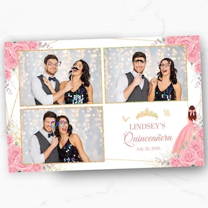 Quinceanera Photobooth Template | Pink Floral & Gold Glitter | 4x6 Photo Booth Overlay | PNG, PSD Instant Download