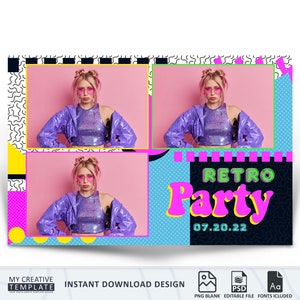 Retro Photo Booth Template, 90&#39;s Photo Booth Template, Photo Booth Template 4x6, Retro Style Photo Booth Template