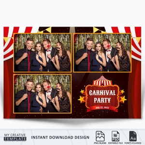 May include: A photo booth template featuring a red and white striped curtain, gold glitter backdrop, and a carnival theme. The text reads "Carnival Party" with a date of July 22, 2022.