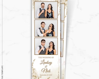 Plantilla elegante para fotomatón de boda, tira dorada floral de 2x6, plantilla imprimible clásica y moderna para fotomatón de boda.