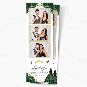 May include: Photo booth strip template with three photo frames featuring couples posing with props. The design includes a gold frame, green roses, and the text "Lindsey's Quinceañera, April 28, 2026".
