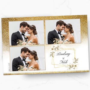 May include: A gold glitter photo booth backdrop with four photo frames. The frames show a couple in a wedding setting. The text "Lindsay & Nick" is in a gold frame with white flowers.