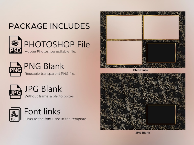 May include: A digital template for a photo collage with a black and gold floral pattern. The template includes a Photoshop file, a PNG blank, a JPG blank, and font links.