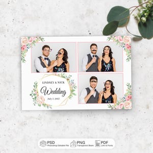 May include: A wedding photo card with four photo booth style images of a couple posing with props. The card has a floral design and the text "Lindsey & Nick Wedding July 7, 2027".