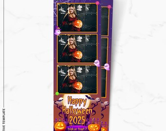 Halloween PhotoBooth-sjabloon | Paarse Spooky Night Photo Booth-overlay | 2x6 | Trick or Treat | Geest en pompoen | PNG, PSD Direct downloaden