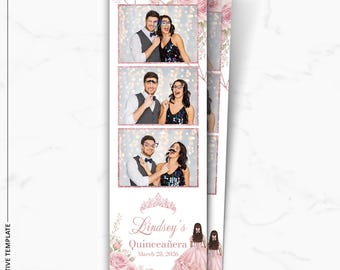Plantilla para fotomatón de quinceañera con rosas rosas / Superposición de fotomatón de 2x6 / Plantilla editable para 15.º cumpleaños / Descarga instantánea en PNG y PSD