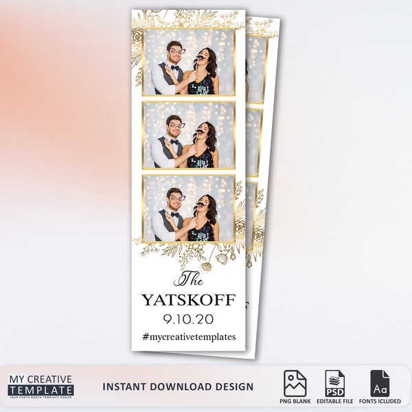 Wedding Photobooth Template, Gold Floral Photobooth Template, 2x6 strip, photo booth, photo booth template, photo booth template wedding