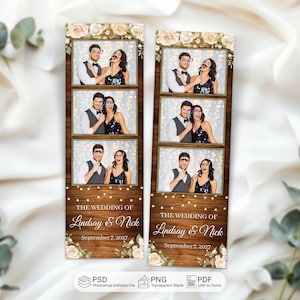 Plantilla para fotomatón, diseño de tira de fotomatón rústica de madera floral para bodas de 2x6, boda campestre, descarga instantánea en formato PSD y PNG.
