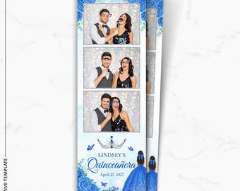 Plantilla para fotomatón de quinceañera / Rosas azules / 15.º cumpleaños / Superposición de tira de 2x6 / PNG, PSD Descarga instantánea