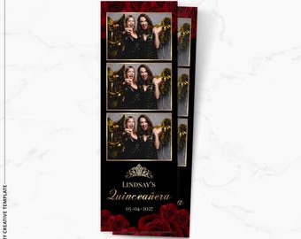 May include: Photo booth backdrop with a black background and red roses. The backdrop has three photo strips with gold frames. The text "Lindsay's Quinceañera 05-04-2027" is at the bottom of the backdrop.