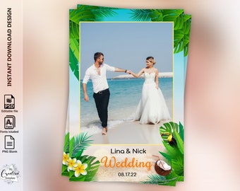 May include: A wedding invitation template with a tropical theme. The template features a photo of a couple on a beach, palm trees, and a toucan. The text "Lina & Nick Wedding 08.17.22" is at the bottom of the template.