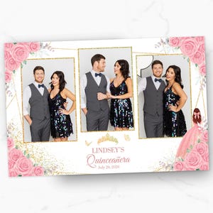 Quinceanera Photobooth Template | Pink Floral and Gold Glitter | 4x6 Mirror Photo Booth Overlay | Birthday | PNG, PSD Instant Download