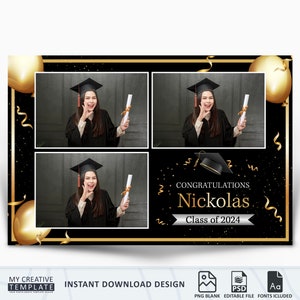 Photo Booth-sjabloon afstuderen, Class of Photobooth-sjabloon, Grad Party Photo Booth-sjabloon, Class of 2024, 4 x 6, gouden afstuderen