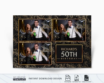 Plantilla de fotomatón dorada y negra para cumpleaños, fotomatón editable para fiestas, plantilla de tira de 4x6 para aniversario de oro.