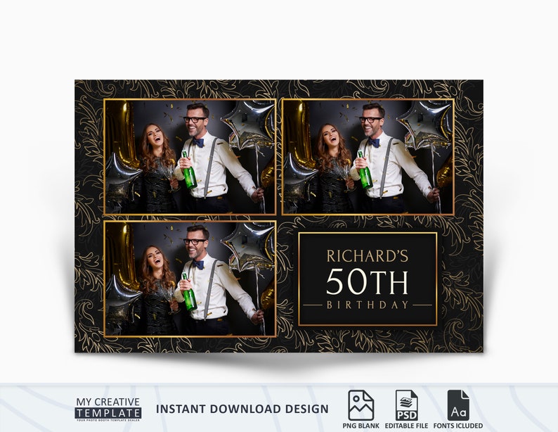 May include: A black and gold photo booth template with a decorative floral pattern. The template has four photo spaces and the text "RICHARD'S 50TH BIRTHDAY".