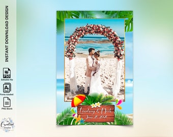 May include: A wedding invitation template featuring a tropical beach scene with a floral archway, a couple in wedding attire, and a sign that reads "Lindsey & Nick June 21, 2021".