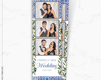 Plantilla para fotomatón de boda mediterránea, superposición de fotomatón de azulejo azul mayólica de rama de olivo 2x6, descarga instantánea PNG PSD