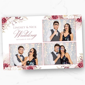 May include: A wedding photo booth backdrop with a floral design in shades of pink and white. The backdrop has four photo slots with a couple in each slot. The text "Lindsey & Nick Wedding September 8, 2028" is at the top of the backdrop.