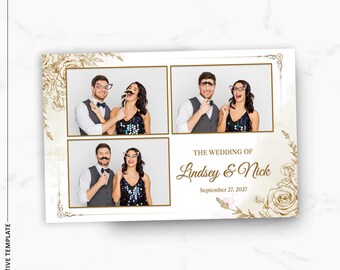 Plantilla elegante para fotomatón de boda 4x6 con diseño floral dorado. Plantilla imprimible clásica y moderna.