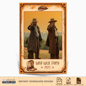 Puede incluir: Una plantilla de invitación imprimible para una fiesta del Salvaje Oeste. La plantilla presenta un marco de fotos de estilo vintage con una imagen de dos vaqueros en el fondo. El texto "Wild West Party 2023" está impreso en la parte inferior del marco.