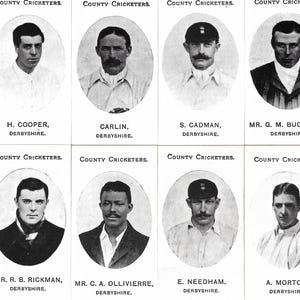 Derbyshire County Cricketers de 1907. Reimpressão moderna do conjunto completo original de 1907 com 15 cartões de cigarro Taddy. Cartões esportivos de críquete, Derby.