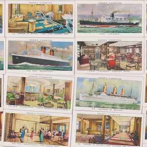 50 Vintage Cigarette Cards - Ocean Greyhounds. 1938. Full Set. Ogdens Tobacco. Cruise ship, ocean liner, Cunard, White Star, P&O, gift