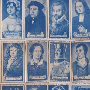 50 vintage sigarettenkaarten - beroemdheden uit de Britse geschiedenis. 1951. Volledige set. Carreras Turf Tobacco Co. Shakespeare, Raleigh, Charles Darwin