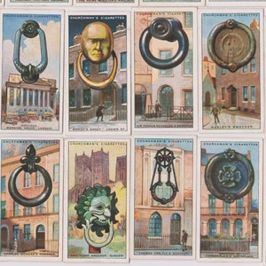 25 Vintage Zigaretten-Karten - Interessante Türklopfer. 1928. Komplettes Set. Kirchmann-Tabak. Britische Geschichte, Architektur Geschenk