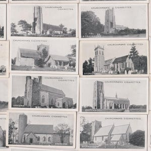 50 Vintage Cigarette Cards - East Suffolk Churches. 1917. Full Set. Churchman. Tobacco cards. English, photographs, church, historic.