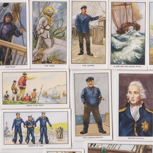 30 Vintage Zigaretten Karten - Maritime Lieder. 1937 Komplettes Set. Hill Tobacco. Militäruniformen, Marine, Marine, Geschichte. Königliche Marine. Geschenk