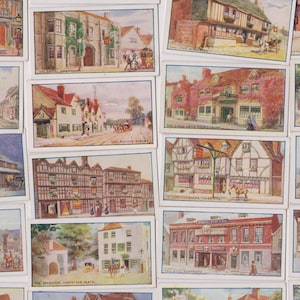 25 Vintage Cigarette Cards - Old English Inns & Pubs. 1923. Full Set. Richard Lloyd Tobacco cards. Architecture, Home Bar Gift
