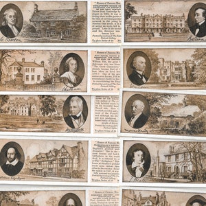 25 vintage theekaarten: huizen van beroemde mannen. 1934. Volledige set. Typho-thee. Historische figuren Geschiedenis Byron Dickens Keats Darwin