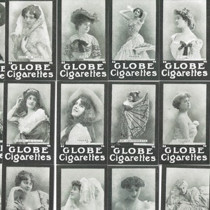 Französische Schauspielerinnen. Moderner Nachdruck von Original c. 1899 komplettes Set von 25 Globe Cigarette Co. Zigarettenkarten. Kino Mode Kostüm Ephemera