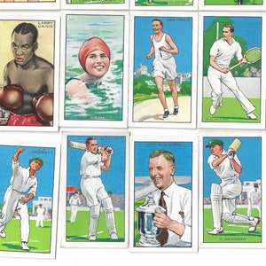 48 Cartas de Cigarro Vintage - Campeões (2ª série). 1935. Conjunto completo. Gallaher. Cartões de tabaco. Incluindo cartão de críquete DON BRADMAN (AUSTRÁLIA)