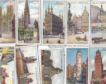 50 Vintage Cigarette Cards - Gems of Belgian Architecture. 1915. Full Set. Wills. Tobacco cards Trade cards. Architecture Belgium Gift
