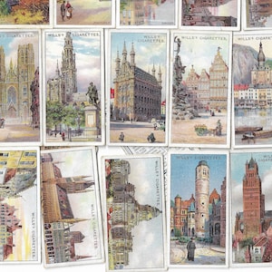 50 Vintage Zigarettenkarten - Gems der belgischen Architektur. 1915. Volles Set. Willen. Tabakkarten Trade Cards. Architektur Belgien Geschenk
