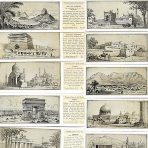 25 cartes à thé vintage - Wonder Cities of the World. 1933. Ensemble complet. Thé contre la typhus. Antiquités Voyage France Allemagne Grèce Tibet Rangoon Cadeau
