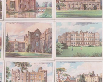 25 vintage sigarettenkaarten: prachtige landhuizen. 1930. Volledige set. Testamenten. Tabakskaarten. Architectuur, platteland, traditioneel Brits