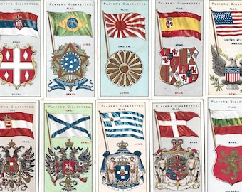 50 vintage sigarettenkaarten - landvlaggen en wapens. 1905. Volledige set. John Player Tabakskaarten. Antieke wereldvlaggen vexillologie cadeau
