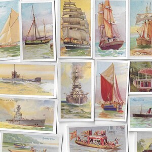 50 Vintage Zigarettenkarten - Schiffe jeden Alters. 1929. Komplettes Set. Sarony. Schiffe Versand Marine Marine Militärgeschichte Geschenk Boote Meer