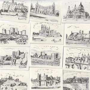 25 Vintage Handelskarten - Historische Gebäude. 1954. Komplettes Set. E.D.L. Moseley. Handelskarten. Architektur Skizzen Kunst Geschenke Architektur