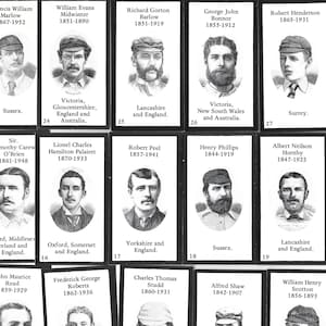 Frühe Cricketers - Komplettes Set von 30 Handelskarten, herausgegeben von John Brindley im Jahr 1985