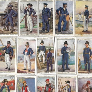 50 Vintage Cigarette Cards - History of Naval Dress. 1930. Full Set. John Player. Tobacco cards Trade cards. Military Navy History Gift