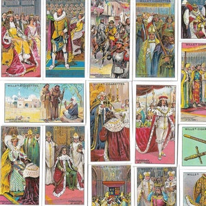 Kroning serie. Moderne herdruk van de originele volledige set van 50 Wills-sigarettenkaarten uit 1911. Koninklijke Modegeschiedenis Ambachten